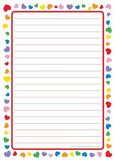 a lined paper with hearts and dots on the border is shown in red, blue, yellow