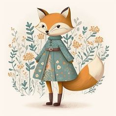 a cartoon fox wearing a blue dress and standing in front of flowers