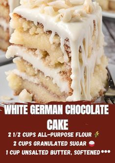 a piece of cake with white german chocolate icing