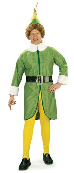 a man dressed in green and yellow is standing with his hands on his hips while wearing an elf costume