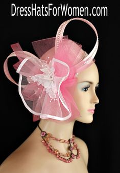 Ladies 1920's Style Flapper Art Deco Era Soft Pink And White Pillbox Church Wedding Bridal Cocktail Hat Headpiece Fascinator. This Formal Straw Braid Hat Is Embellished With Two Large Pink Double Loop Bows Enhanced With Clear Acrylic Rhinestones, Accented With A Large Pink Crinoline Horsehair Bow Mixed With An Organza White Bow With A White Satin Edge. Beautiful White Millinery Silk Flowers Embellished With White Shooting Pearls Are Placed In The Center Of These Bows. Four Rows Of Rhinestones Encircle The Crown Of This Fashion Wedding Headpiece. This Designer Hat Is Suited For A Bride To Be On Her Wedding Day Or For A Wedding Guest. A Beautiful Dress Hat To Wear To Church, Formal, Horse Races, The Kentucky Derby And Formals. This Dress Couture Hat Is Custom Made And Designed By Dress Hats Bridal Hats, Special Occasion Hats, Mother Of The Bride Hats, Flapper Art, Custom Made Hats, 1920's Style, Horse Races, Occasion Hats, Dress Couture