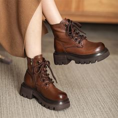 60mm Platform Boots Lace up Leather Martin Boots Handmade Combat Boots in Coffee/Black Cottagecore Boots, Cute Combat Boots, Medium Boots, Aesthetic Boots, Combat Boots Women, Heels Comfortable, Modern Boots, Leather Combat Boots, Fall Boots