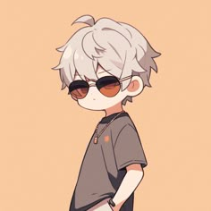 an anime character with white hair wearing sunglasses and a t - shirt, standing in front of