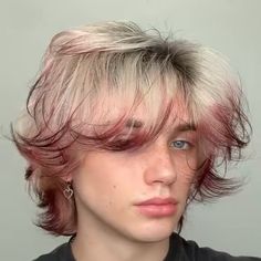 Transmasc Hair Dye Ideas, Short Hair With Red Ends, Hair Dye Inspiration Short Hair, Bleached Hair With Colored Tips, Fox Dyed Hair Tips, Short Blonde Hair With Red Tips, Fox Hair Color Tips, Men Hair Dye Ideas Highlights, Guys Dyed Hair Ideas