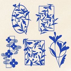 four different blue and white designs on a wall