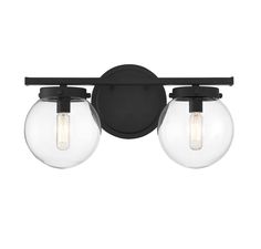 two light bathroom fixture with black finish and clear glass globes on the front side