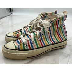 Converse Chuck Taylor Sneakers 1980's Rainbow Stripe/Gold Lurex Size 4.5 Usa- See Photos For Damage Retro Multicolor Sneakers With Rubber Sole, Retro Mid-top Sneakers, Vintage Converse Sneakers With Rubber Sole, Retro Multicolor Lace-up High-top Sneakers, Retro Multicolor Sneakers With Gum Sole, Retro Multicolor High-top Sneakers, Retro Converse High-top Sneakers, Retro High-top Converse Sneakers, Vintage Sneakers With Gum Sole For Spring