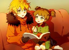 two anime characters sitting on a couch reading