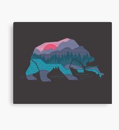 a bear with mountains in the background and trees on it's back canvas print