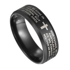 The Black Titanium Steel Cross Ring is the ultimate piece of jewelry that combines style and spirituality. Crafted with precision and attention to detail, this ring is designed to make a statement. Its surface width of 8mm gives it a bold and eye-catching look. The standout feature of this ring is the English letter Lord's Prayer engraved on it. This timeless biblical passage symbolizes faith and devotion. Accompanying the prayer is a Bible cross, representing the Christian faith and its central figure, Jesus. Wear this ring as a constant reminder of your spiritual journey and as a testament to your beliefs. Made from durable stainless steel with a black titanium steel finish, this ring is built to withstand the test of time. Its elegant and sophisticated design makes it suitable for vario Personalized Black Stainless Steel Rings, Black Stainless Steel Promise Ring, Symbolic Black Jewelry For Wedding, Symbolic Black Wedding Jewelry, Black Stainless Steel Promise Jewelry, Spiritual Black Jewelry For Promise, Black Symbolic Jewelry For Promise, Symbolic Black Stainless Steel Rings, Black Stainless Steel Couple Rings For Promise