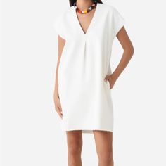 Mini Dress V-Neckline Short Sleeve Gathered Front Boxy Silhouette Straight White V-neck Dress For Spring, White Casual V-neck Dress With Split Neck, White V-neck Mini Dress For Day Out, White V-neck Shift Midi Dress, White Shift Midi Dress With V-neck, White Split Neck Mini Dress For Spring, White Mini Dress With Split Neck For Spring, White Mini Dress With Notched Neckline For Spring, White V-neck Mini Dress For Work