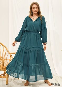 Try this Boho Plus Size Giselle Maxi Dress For Women this season! Teal blue V-cutout neckline with hanging ties High elasticised waist Long sleeves Tiered skirt Dress is partially lined **Belt NOT included Maxi/cropped maxi length (depending on your height) Cold gentle hand wash recommended Fabric: Chiffon (polyester) SIZING GUIDE: Model wears Size 0XL, her approximate measurements are: Height: 178 cm, Bust: 100 cm , Waist: 76 cm, Hips: 106 cm PRODUCT MEASUREMENTS Size (cm) Shoulder Length Sleev Plus Size Boho Clothing, Plus Size Maxi Skirt, Plus Size Navy, Cutout Neckline, Boho Plus Size, Viking Dress, Boho Style Outfits, Semi Formal Dress, Lace Bodycon Dress