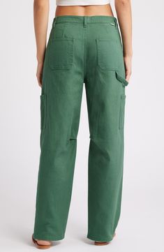 Fall for the silhouette of these casual-cool carpenter pants designed with wide legs. 29" inseam; 19" leg opening; 11 1/2" front rise; 14 1/2" back rise (size 29) 100% cotton Machine wash, line dry Imported Green Wide Leg Work Pants With Patch Pockets, Green Wide Leg Cargo Jeans For Workwear, Utility Wide Leg Work Pants With Cargo Pockets, Wide Leg Work Pants With Patch Pockets, Relaxed Fit Wide Leg Work Pants With Belt Loops, Spring Green Cargo Work Pants, Green Utility Wide Leg Pants With Pockets, Green Utility Style Wide Leg Pants With Pockets, Utility Green Wide Leg Pants With Pockets