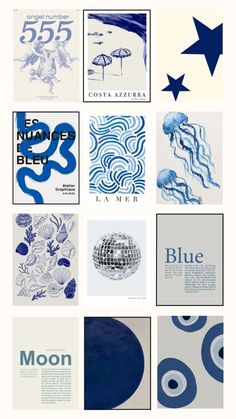 various blue and white posters with different designs