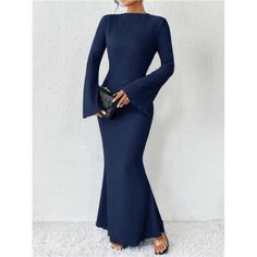 -Item Id 28179574 -Details: Lettuce Trim, Rib-Knit -Neckline: Stand Collar -Sleeve Type: Flare Sleeve -Style: Elegant -Type: Fitted -Waist Line: Natural -Hem Shaped: Mermaid -Color: Navy Blue -Pattern Type: Plain -Sleeve Length: Long Sleeve -Fit Type: Slim Fit -Length: Long -Material: Fabric -Composition: 95% Polyester, 5% Elastane -Care Instructions: Machine Wash Or Professional Dry Clean -Sheer: No -Fabric: High Stretch **Open To Offers!!!** **Bundle To Save More** **30% Off Bundles Of 2 Or Mo Floor Length Dress With Sleeves, Modest Blue Dress, Blue Floor Length Dress, Tail Dress, Blue Floor, Floor Length Dress, Fish Tail, Elegant Dresses Long, Women's Shapewear