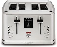 a toaster with four different settings on the front and two timers on the side