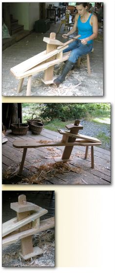 three different pictures of a bench made out of wooden planks and wood slats