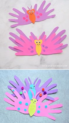 two pictures of colorful paper birds with different colors and shapes on them, one is made from