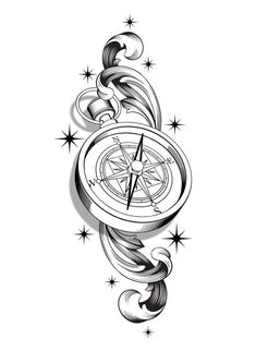 a black and white drawing of a compass with stars on the side, as well as some swirls