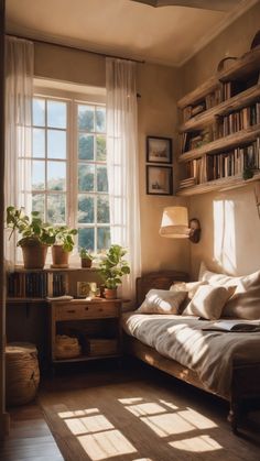 a bedroom with a bed, bookshelf and plants in the window sill