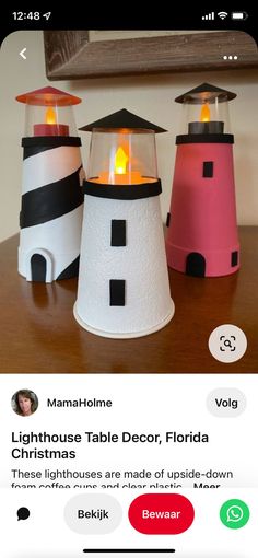 two lighthouses are sitting on top of a table with candles in the shape of lights