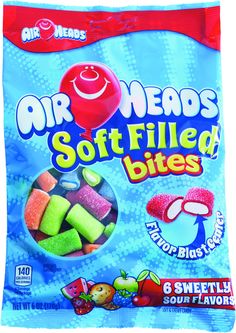 a bag of air heads soft filled bites with fruit flavor on the front and side