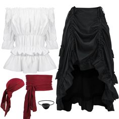 two pieces of clothing including a white top, black skirt and red headbands