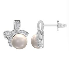 These 6.0mm freshwater cultured pearl and diamond accent with beaded detailing bow stud earrings are set in sterling silver and secure with friction backs. White Gold Pearl Earrings With Diamond Accents As Gift, Pearl Earrings With Diamond Accents As Gift, Pearl Earrings With Diamond Accents For Gift, Silver Akoya Pearl Earrings As Gift, Silver Akoya Pearl Earrings For Gift, Silver Pearl Earrings With Diamond Accents For Anniversary, Silver Akoya Pearl Jewelry For Evening, Silver Pearl Earrings With Diamond Accents, Gift Pearl Earrings With Diamond Accents