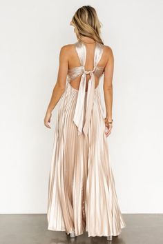 Sandra Pleated Maxi Dress | Copper | Baltic Born Glamorous Backless Dress With Lace-up Back, Glamorous Maxi Dress With Tie Back For Gala, Spring Gala Dress With Tie Back, Elegant Maxi Dress With Tie And Closed Back, Spring Formal Backless Dress With Ruched Back, Formal Spring Backless Dress With Ruched Back, Party Maxi Dress With Tie And Closed Back, Backless Dress With Tie Back For Gala, Backless Dress With Crisscross Straps For Gala