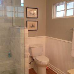 a white toilet sitting in a bathroom next to a walk in shower and wooden floors