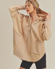 This french terry hoodie is an effortless essential for any activity. Fit: Picture an oversized henley fit that falls below your hips. Like wearing your happy place- spacious, warm and oh-so-cozy. Features: Contrast corduroy panels, snap-up neckline, split hem for ultimate comfort, and front pockets. Why You'll <3 It: This easy hoodie is your go-to for every mood and moment. Perfect to throw on pre or post workout. It's also the equivalent of a cozy blanket for those lazy Sunday afternoons. Cardigan Design, Split Design, French Terry Hoodie, Casual Everyday, Oversize Hoodie, Everyday Look, Pullover Sweatshirt, Simple Style, Outfit Sets