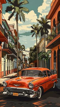 an orange car parked on the side of a street next to tall buildings and palm trees