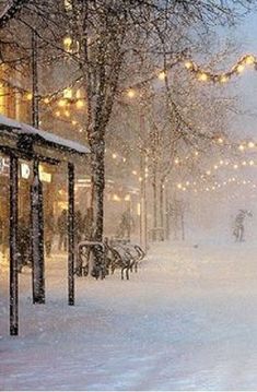 a city street covered in snow with lights strung from the trees and buildings on both sides