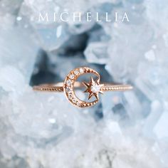 "Our current turnaround time for regular orders is 6-8 weeks. For urgent orders, please shop our Ready-to-Ship collection below (7-10 business days): https://michellia.com/collections/ready-to-ship (please copy and paste into browser) -------- 「Divina」- Diamond Moon and Star Ring | R3006 It's been almost half a century since we realized the dream to put a person on the moon. No one knew if it was possible, but every single effort was put forth to make it happen. Our exquisite \"Divina\" set was Engagement Ring Moon, Ring Moon, Celestial Gifts, Simple Engagement, Moon And Star Ring, Pagan Jewelry, Platinum Jewelry, Matching Wedding Bands, Moon And Star