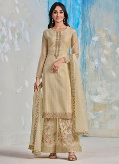 Buy Palazzo Suit - Beige Multi Embroidered Wedding Palazzo Suit In USA UK CANADA