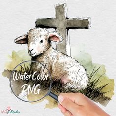 a hand holding a magnifying glass looking at a sheep with a cross in the background