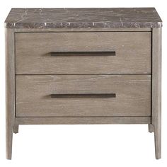 a wooden nightstand with two drawers and marble top