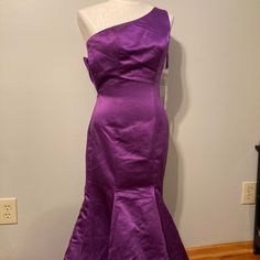 Nwt Color E Dress Purple Satin One Shoulder Dress Sz. 4* Something For Your More Special Occasions. C Purple Lined Midi Length Dresses, Purple Fitted One-shoulder Dress, Fitted One-shoulder Purple Dress, Fitted Purple A-line Maxi Dress, One Shoulder Lined Formal Dress, One-shoulder Lined Dress For Formal Occasions, One-shoulder Lined Formal Dress, Fitted Purple Midi Bridesmaid Dress, Fitted Purple Bridesmaid Midi Dress