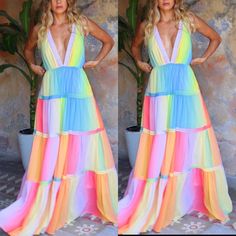 New With Tags Beautiful Rainbow Maxi Dress. Open Crossed Back. Size Medium Rainbow Outfit Women, Rainbowcore Fashion, Chic Prom Dresses, Mother Dress, Spring Outfits Dresses, Bright Dress, Rainbow Outfit, Rainbow Dress, Mothers Dresses