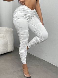 Plus Size Sexy White Solid Ruched Leggings White Casual   Knitted Fabric Plain Regular High Stretch  Women Plus Clothing, size features are:Bust: ,Length: ,Sleeve Length: Plus Size Art, Cut Leggings, Ruched Leggings, Textured Leggings, Black Leather Leggings, Women Leggings, White Solid, Plus Size Leggings, Faux Leather Pants