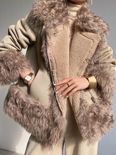 Fabric material: wool Shearling Fur Coat With Faux Fur Lining, Winter Sheepskin Outerwear With Long Sleeves, Winter Sheepskin Long Sleeve Outerwear, Winter Shearling Fur Coat With Long Sleeves, Fitted Sheepskin Fur Coat For Winter, Winter Beige Faux Fur Coat, Beige Faux Fur Coat For Winter, Chic Shearling Fur Coat With Long Sleeves, Chic Shearling Fur Coat