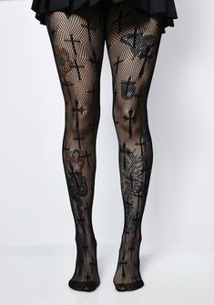 you've got 'em on their knees, praying. These fishnet tights have a body huggin' fit with gothic style crosses all over. Black Stretch Punk Hosiery, Gothic Black Thigh-high Hosiery, Gothic Black Thigh High Hosiery, Punk Style Black Thigh High Legwear, Punk Style Thigh High Black Legwear, Black Fishnet Edgy Bottoms, Edgy Black Fishnet Legwear, Black Punk Hosiery For Alternative Fashion, Fitted Gothic Hosiery For Alternative Fashion