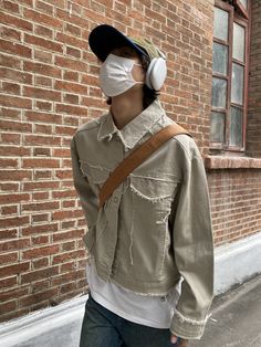 Model is 5ft 8.9''(175cm) tall, 122 lbs(55kg) weight and wearing a size L - Distressed- Collar - Chest-pocket- 2 colors Casual Denim Jacket With Multiple Pockets, Khaki Cotton Denim Jacket With Flap Pockets, Khaki Denim Jacket With Flap Pockets, Khaki Denim Jacket With Pockets For Streetwear, Casual Khaki Denim Jacket With Flap Pockets, Khaki Denim Jacket For Streetwear, Beige Long Sleeve Denim Jacket Casual, Khaki Utility Denim Jacket With Pockets, Utility Khaki Denim Jacket With Pockets