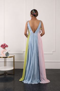 Pastel Colour Block Gown – shopnavaa Multicolor Organza Floor-length Dress, Multicolor Sleeveless Gown For Wedding, Multicolor Georgette Maxi Length Dresses, Multicolor Floor-length Spring Gown, Multicolor Georgette Maxi Dress For Wedding, Blue Sleeveless Color Block Maxi Dress, Multicolor Sleeveless Gown For Summer, Multicolor Sleeveless Summer Gown, Flowy Gown