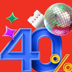 the number forty four is next to a shiny disco ball and some other items on a red background