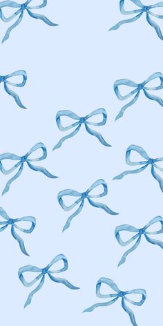 blue bows are flying in the air on a light blue background with white outlines