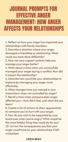 Explore the impact of anger on your relationships with these insightful journal prompts. Take a step towards effective anger management by reflecting on how anger influences your interactions and connections with others. Dive deep into the root of your emotions to develop healthier responses and build stronger, more fulfilling relationships. Self-awareness is key in understanding the effects of anger - start your journey today with these thought-provoking journal prompts. Anger Journal Prompts, Journaling Prompts For Anger, Anger Issues Prompts, Shadow Work Journal Prompts For Anger, Journal Prompts For Anger Management, Anger Journal, Anger Control Affirmation, Personal Peace