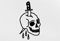 a drawing of a skull with a knife stuck to it