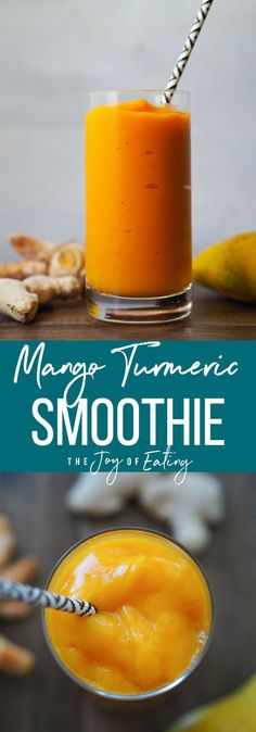 mango and orange smoothie in a glass with a straw on the top, next to bananas