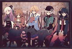 some anime characters are sitting on a bench